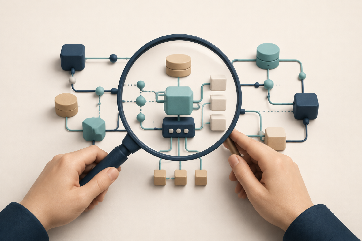 Une loupe examine les modules et connexions d’un système backend abstrait.