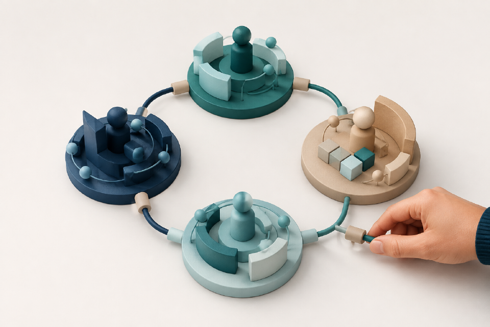 Des modules abstraits reliés forment une organisation technique équilibrée.