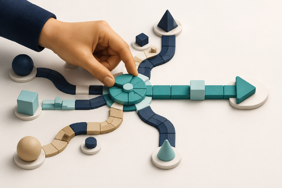 Une main positionne un point de décision au centre de plusieurs trajectoires techniques abstraites.